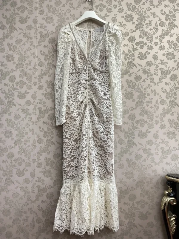 New Hand-made V-neck Diamond Lace Maxi Long Dress