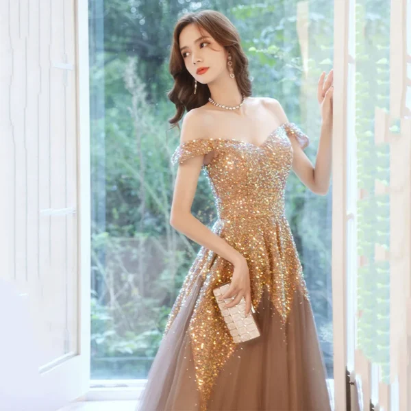 New Wedding High-end Golden Sequined Heavy-duty Catwalk Dignified Long Evening Dress - Image 3