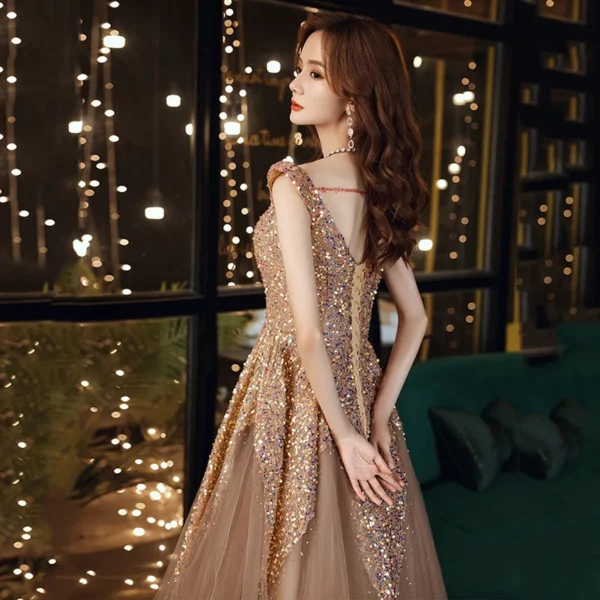 New Wedding High-end Golden Sequined Heavy-duty Catwalk Dignified Long Evening Dress - Image 4
