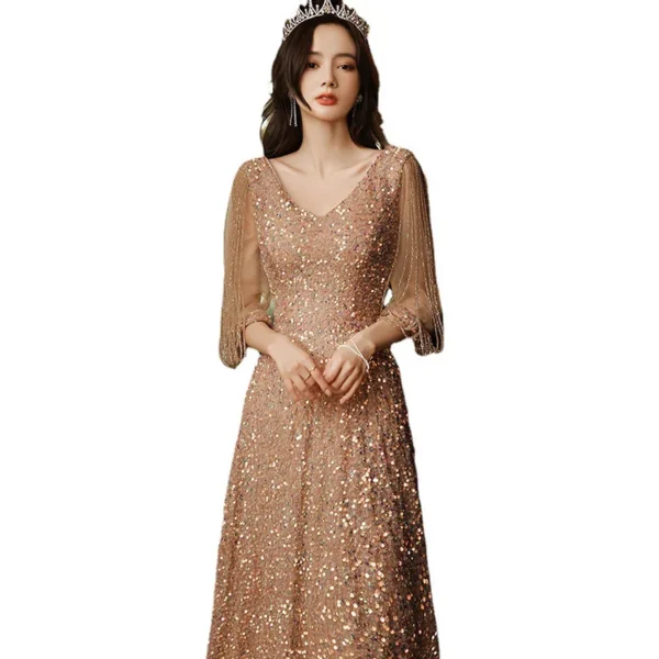High-end Tassel V-neck Sequin champagne Sexy Temperament Slim Evening Dress - Image 6