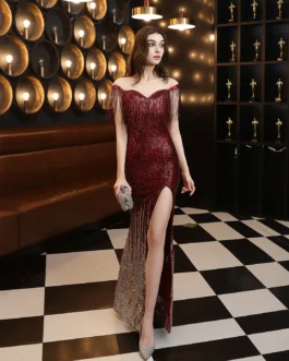 Crystal Sequin Fishtail Gown Evening Dress