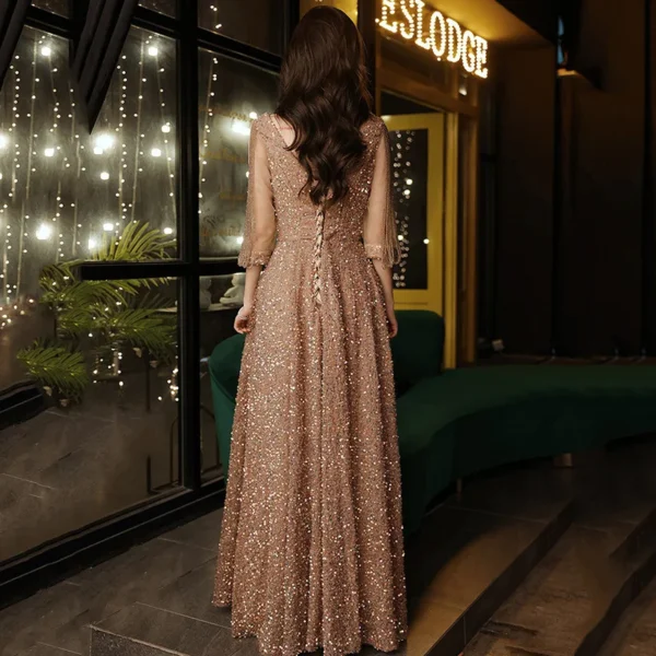High-end Tassel V-neck Sequin champagne Sexy Temperament Slim Evening Dress - Image 4