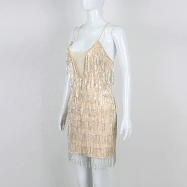 Rhinestone Tassel V-neck Lady Elegant Casual Party Dresses