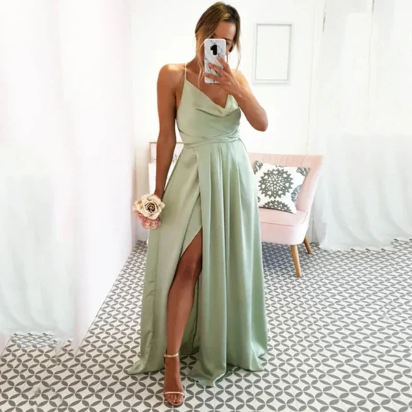 High Quality Silky Suspenders Sexy Slit Evening Dress