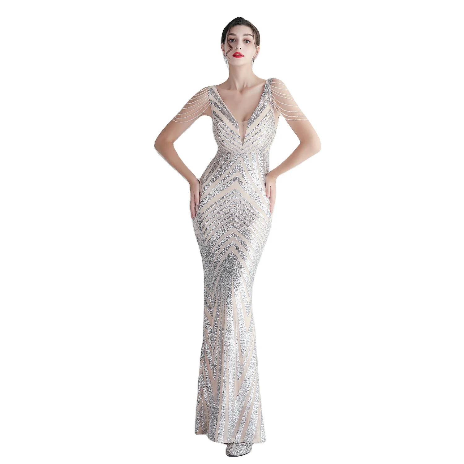 Slim-fit Evening Temperament Elegant Long Sequins Evening Dress - Image 5