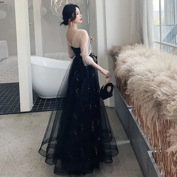 Temperament fairy Gauze High Quality Beautiful Black Long Evening Dress - Image 2