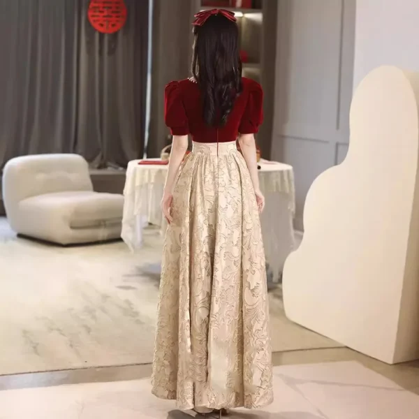 High-end Engagement Red Velvet Textured Long Dress - Image 3