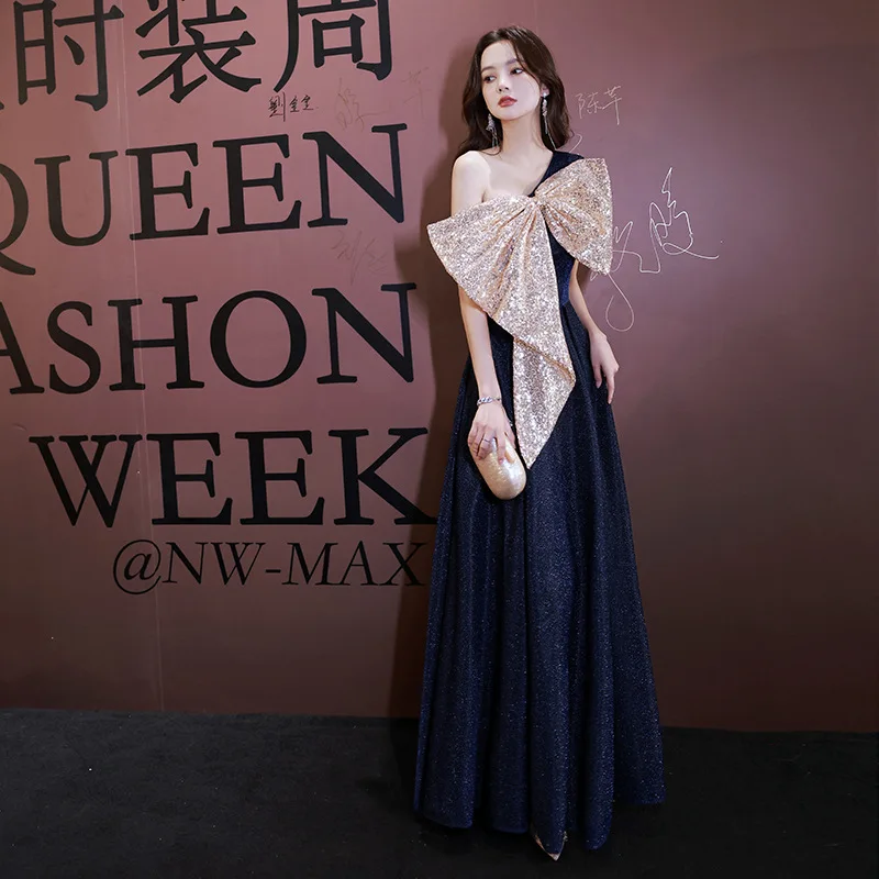 One-shoulder Sexy Bow Banquet Elegant Sweet Long Evening Dress - Image 2