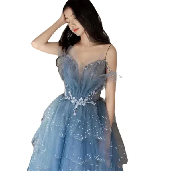 New Blue Tube Top Sexy Mesh Cake fairy Princess Sling Evening Dress - Image 6