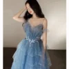 New Blue Tube Top Sexy Mesh Cake fairy Princess Sling Evening Dress