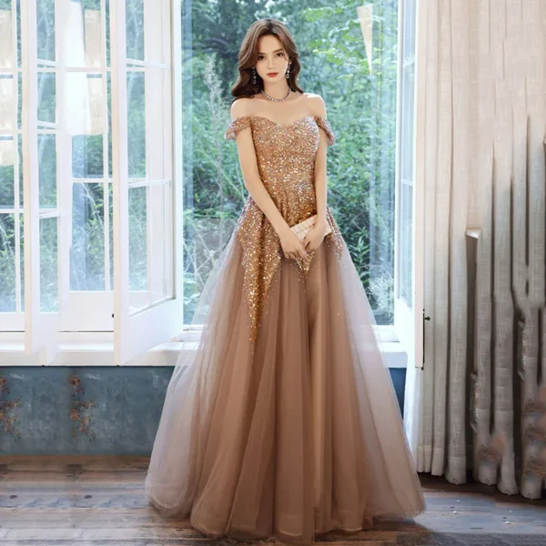 New Wedding High-end Golden Sequined Heavy-duty Catwalk Dignified Long Evening Dress