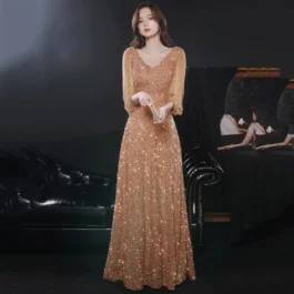 High-end Tassel V-neck Sequin champagne Sexy Temperament Slim Evening Dress