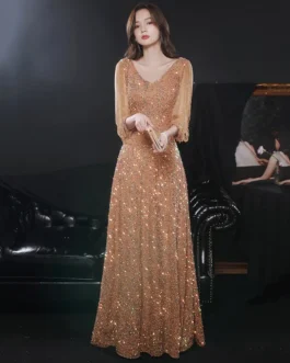 High-end Tassel V-neck Sequin champagne Sexy Temperament Slim Evening Dress