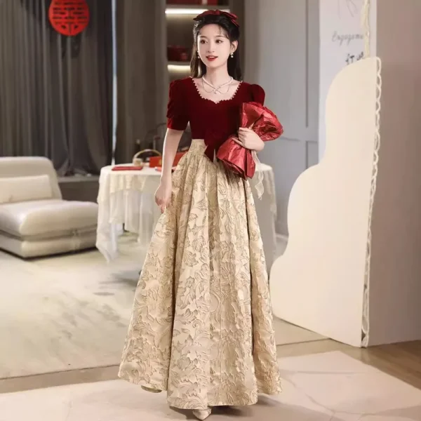 High-end Engagement Red Velvet Textured Long Dress - Image 6