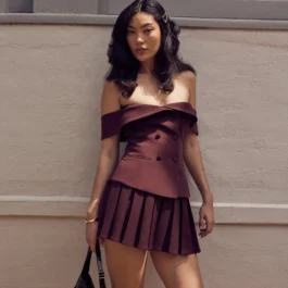 Off-shoulder Double-breasted Top Pleated Skirt Suit Set