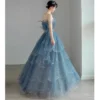 New Blue Tube Top Sexy Mesh Cake fairy Princess Sling Evening Dress