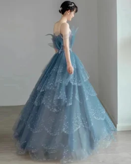 New Blue Tube Top Sexy Mesh Cake fairy Princess Sling Evening Dress