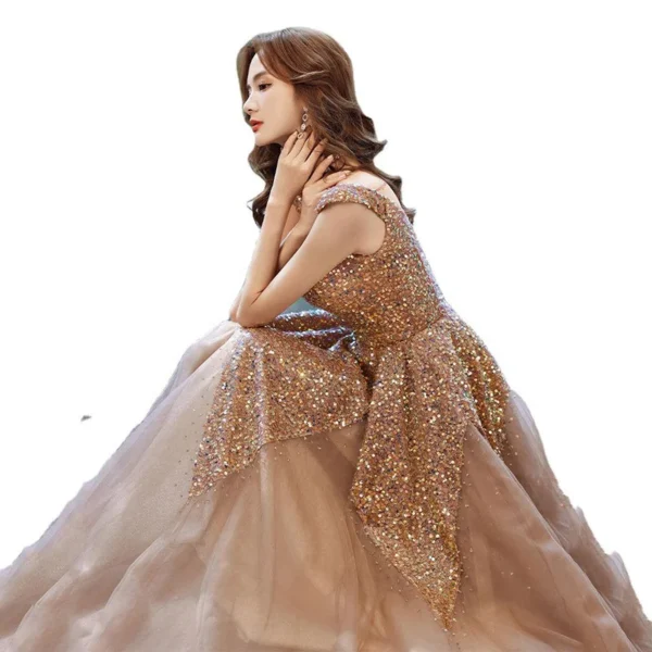 New Wedding High-end Golden Sequined Heavy-duty Catwalk Dignified Long Evening Dress - Image 6