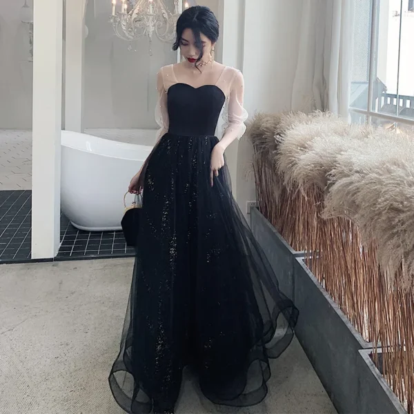Temperament fairy Gauze High Quality Beautiful Black Long Evening Dress - Image 6