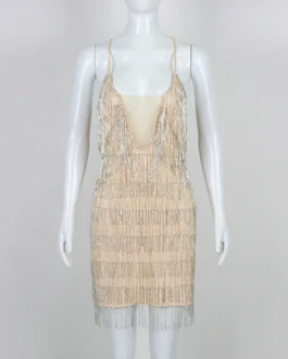 Rhinestone Tassel V-neck Lady Elegant Casual Party Dresses