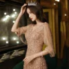 High-end Tassel V-neck Sequin champagne Sexy Temperament Slim Evening Dress