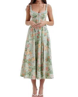 Floral Print Low-Cut Sleeveless Sling Sweet Dressess