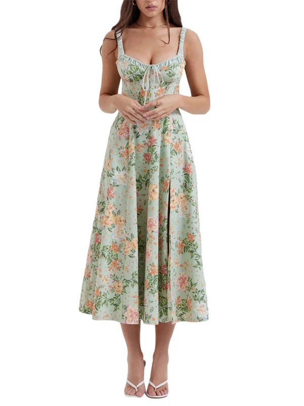 Floral Print Low-Cut Sleeveless Sling Sweet Dressess