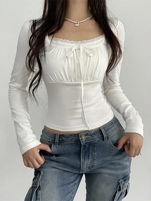 White Long Sleeve Lace Trim Ruched Tie Up T-shirt - Image 3