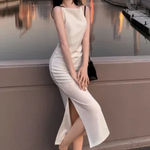 S1f3264bab94d46f2b7fbb983609fc12aG.webp Solid Color Wrap Hip Skirts Female Korean Concise Party Slim Fit Long Dress