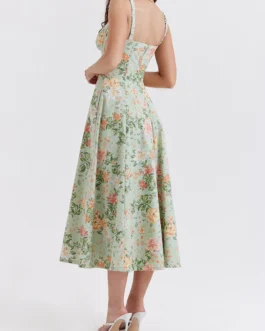 Floral Print Low-Cut Sleeveless Sling Sweet Dressess