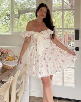 Floral Print Bow Sexy Off Shoulder Party Mini Dress