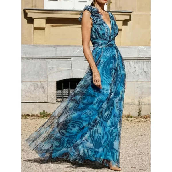 Gradient Blue V-Neck Sleeveless Puff Sleeve Beach Party Dress - Image 3