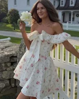 Floral Print Bow Sexy Off Shoulder Party Mini Dress
