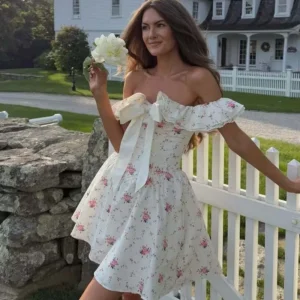 Floral Print Bow Sexy Off Shoulder Party Mini Dress