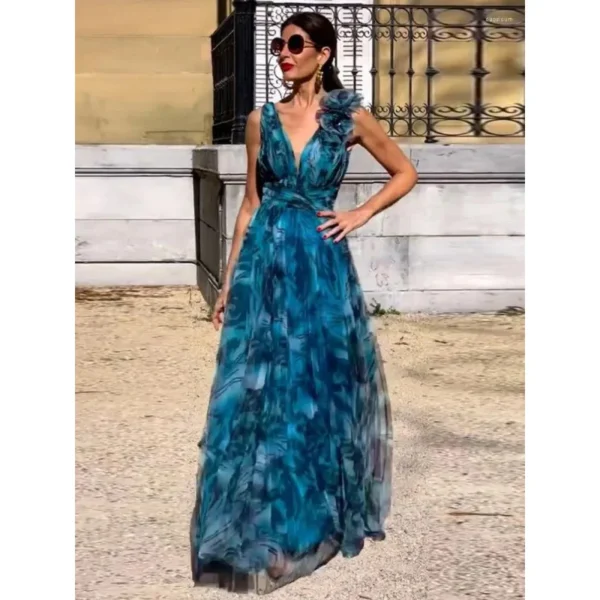 Gradient Blue V-Neck Sleeveless Puff Sleeve Beach Party Dress - Image 5