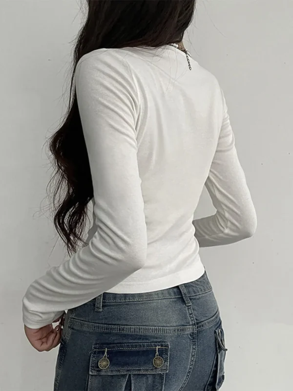White Long Sleeve Lace Trim Ruched Tie Up T-shirt - Image 2