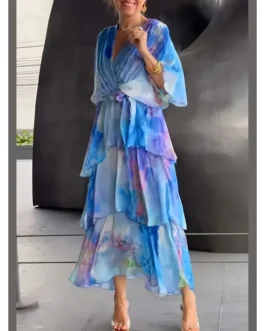 Loose Layered Butterfly Sleeve Printed Maxi Dress