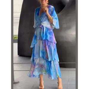 Loose Layered Butterfly Sleeve Printed Maxi Dress