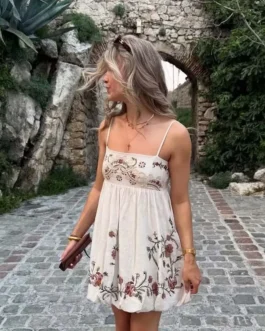Floral Embroidery Sexy Spaghetti Straps Short Dress