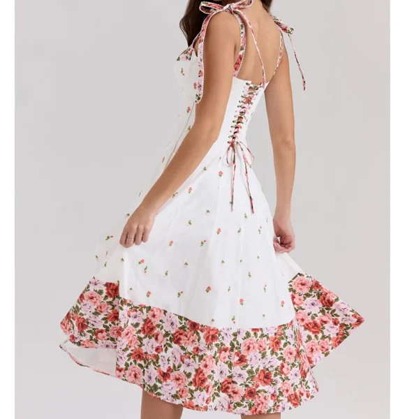 Flower Print Patchwork White Sling Sundress Dress - FashioZen - Image 6