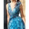 Gradient Blue V-Neck Sleeveless Puff Sleeve Beach Party Dress