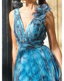 Gradient Blue V-Neck Sleeveless Puff Sleeve Beach Party Dress