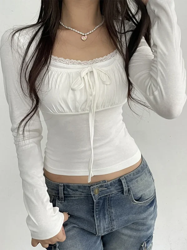 White Long Sleeve Lace Trim Ruched Tie Up T-shirt