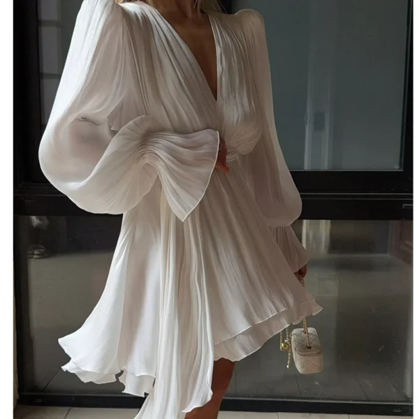 Puff Long Sleev Elegant Pleated A-line Mini Dresses - Image 6