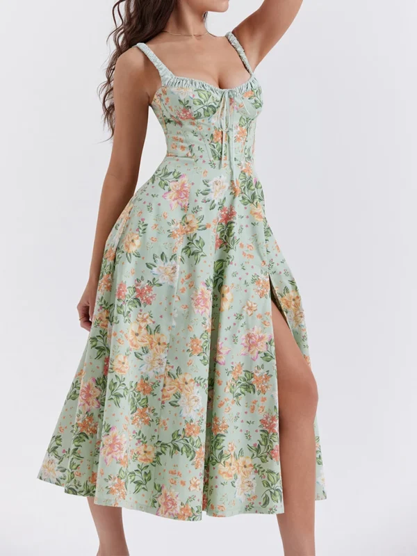 Floral Print Low-Cut Sleeveless Sling Sweet Dressess - Image 4
