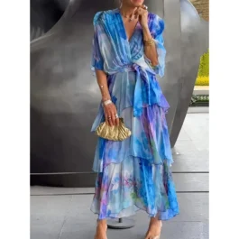Loose Layered Butterfly Sleeve Printed Maxi Dress