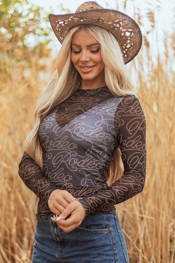 Black Western Rodeo Printed Mock Neck Long Sleeve Mesh Top - Image 9