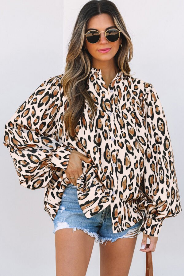 Light French Beige Oversized Leopard Print Balloon Sleeve Casual Shirt - Image 7
