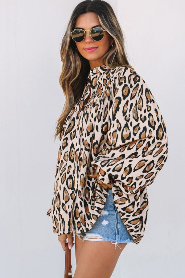 Light French Beige Oversized Leopard Print Balloon Sleeve Casual Shirt - Image 9