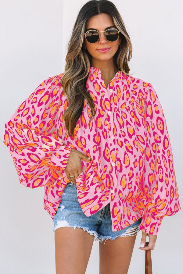 Light French Beige Oversized Leopard Print Balloon Sleeve Casual Shirt - Image 16